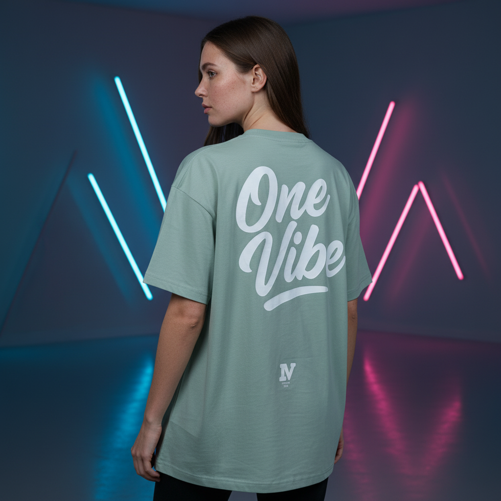 ONE VIBE T-shirt mintgroen – achterkant met One Vibe backprint – gedragen door model